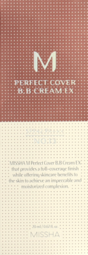 Pudełko Missha M Perfect Cover BB Cream EX nr 13, przód, beżowo-brązowe, z białymi napisami.