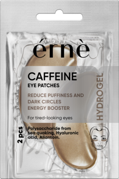 Front view of Erne Caffeine Hydrogel Eye Patches in clear silver packaging, gold patches for puffiness and dark circles.