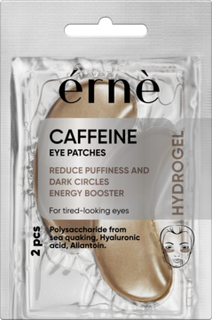 Front view of Erne Caffeine Hydrogel Eye Patches in clear silver packaging, gold patches for puffiness and dark circles.