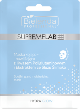 Bielenda SUPREMELAB Hydra Glow kojąco-nawilżająca maska z kwasem poliglutaminowym, jasnoniebieska, widok z przodu.