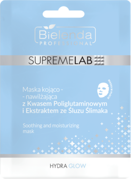 Bielenda SUPREMELAB Hydra Glow kojąco-nawilżająca maska z kwasem poliglutaminowym, jasnoniebieska, widok z przodu.