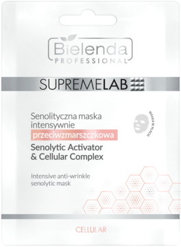 Bielenda SupremeLab senolityczna maseczka przeciwzmarszczkowa w białej saszetce, widok z przodu. Senolytic Activator.