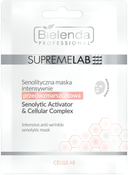 Bielenda SupremeLab senolityczna maseczka przeciwzmarszczkowa w białej saszetce, widok z przodu. Senolytic Activator.