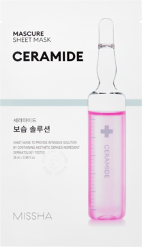 Missha Mascure Ceramide Sheet Mask, białe opakowanie z różową ampułką, wzmacnia i nawilża skórę suchą. Widok z przodu.