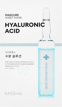 Missha Mascure Hyaluronic Acid sheet mask, białe opakowanie z grafiką ampułki, intensywnie nawilżająca, przód.