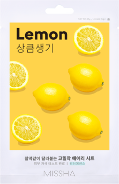 Missha Lemon odświeżająca maseczka w płachcie, białe opakowanie z cytrynami na żółtym tle, widok z przodu.