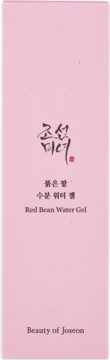Beauty of Joseon Red Bean Water Gel w różowym kartoniku, widok z przodu, z czarną i kaligraficzną czcionką.