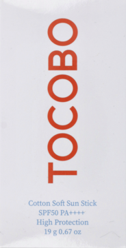 Białe opakowanie sztyftu Tocobo Cotton Soft Sun Stick SPF50 PA++++ z czerwonym napisem TOCOBO, widok z przodu.
