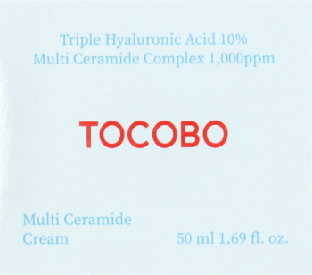 Białe pudełko kremu TOCOBO Multi Ceramide Cream, widok z przodu, z czerwonym logo i składem: kwas hialuronowy, ceramidy.