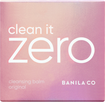 Pudełko Clean It Zero Cleansing Balm Original Banila Co, z różowo-fioletowym gradientem, białym napisem, widok z przodu.