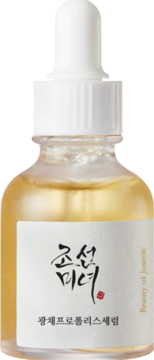Serum Beauty of Joseon Glow z propolisem w butelce z zakraplaczem, jasny płyn, biała etykieta, widok z przodu.