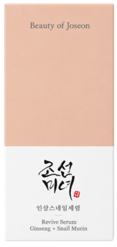 Front view of Beauty of Joseon Revive Serum Ginseng + Snail Mucin box. Peach top with brand, white bottom, Korean text.