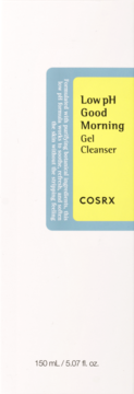 COSRX Low pH Good Morning Gel Cleanser w białej butelce z niebiesko-żółtą etykietą, widok z przodu.