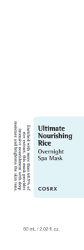 COSRX Ultimate Nourishing Rice Overnight Spa Mask. Zbliżenie na etykietę produktu z tekstem, jasnoniebieskie tło.