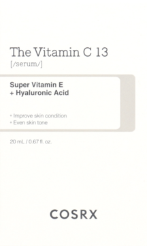 Białe, prostokątne opakowanie serum COSRX The Vitamin C 13 z witaminą E i kwasem hialuronowym, widok z przodu.