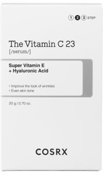 Białe pudełko serum Cosrx The Vitamin C 23 z wit. E i kwasem hialuronowym, widok z przodu, rozjaśnia skórę.