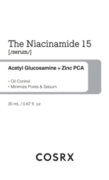 Cosrx The Niacinamide 15 serum, biała etykieta z szarym detalem, tekst o kontroli sebum i porach.