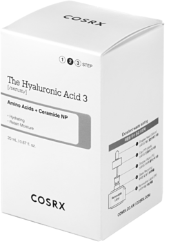 Białe pudełko serum Cosrx The Hyaluronic Acid 3 z 3% kwasu hialuronowego i aminokwasami, widok pod kątem.