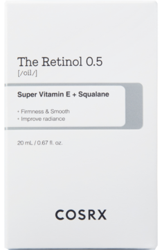 Cosrx The Retinol 0.5 oil, białe pudełko z szarym tekstem i detalami, widok z przodu, 20ml.