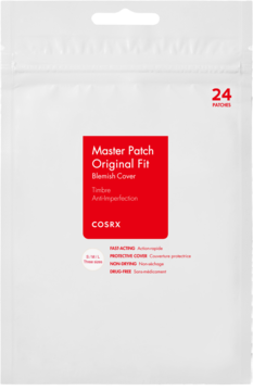 Białe opakowanie Cosrx Master Patch Original Fit z czerwonym logo, 24 plastry na wypryski, widok z przodu.