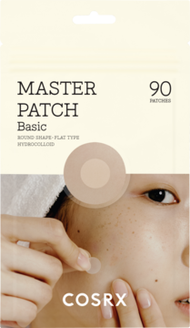 Cosrx Master Patch Basic, 90 okrągłych, hydrokoloidowych plastrów w beżowym opakowaniu, osoba nakłada na skórę.