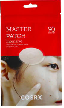 Czerwone opakowanie plasterków na wypryski Cosrx Master Patch Intensive, 90 sztuk, z owalnymi plastrami.