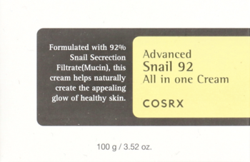 Fragment opakowania kremu COSRX Advanced Snail 92, z tekstem o 92% śluzie ślimaka i gramaturze 100g.