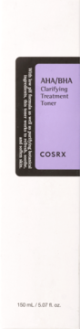 Cosrx AHA/BHA Clarifying Treatment Toner, zbliżenie czarnej etykiety z fioletowym tłem tekstu na białym tle.
