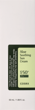 Front view of COSRX Aloe Soothing Sun Cream SPF 50+ PA+++, dark green packaging with light green label and text.