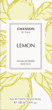 Chanson D'eau Lemon Eau de Toilette 100ml, żółte opakowanie z ilustracjami cytryn, widok z przodu.