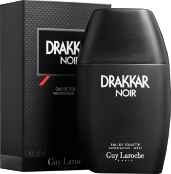 Drakkar Noir Guy Laroche EDT w czarnej matowej butelce i pudełku, widok pod kątem z białymi napisami.