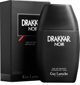 Czarna, matowa butelka Drakkar Noir Eau de Toilette z białym napisem obok pudełka, widok z przodu.
