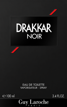 Czarny kartonik perfum Drakkar Noir Guy Laroche 100ml, z białym logo i czerwonymi akcentami, widok z przodu.