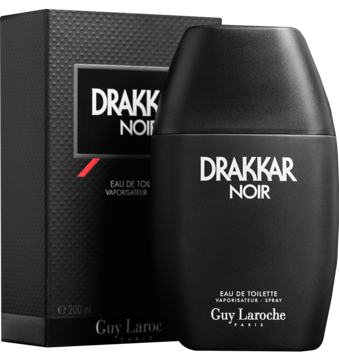 Drakkar Noir Guy Laroche, czarna opływowa butelka wody toaletowej obok prostokątnego pudełka z logo, przodem.