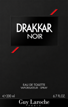 Czarne pudełko Drakkar Noir Eau de Toilette 200 ml z białym napisem i czerwonymi ukośnymi paskami.