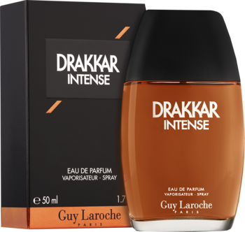Drakkar Intense Guy Laroche EDP w bursztynowej butelce i czarnym pudełku, widok z przodu na oba elementy.