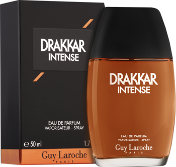 Drakkar Intense Guy Laroche EDP w bursztynowej butelce i czarnym pudełku, widok z przodu na oba elementy.