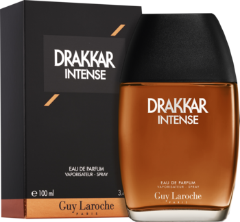 Drakkar Intense, męski perfum Guy Laroche w bursztynowej butelce z czarną nakrętką, obok pudełka.