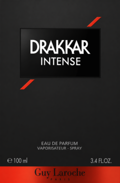 Czarne opakowanie Drakkar Intense Guy Laroche EDP 100ml, z białym napisem i czerwonym logo, widok z przodu.