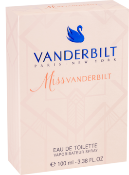 Miss Vanderbilt Eau de Toilette, eleganckie różowe pudełko z niebieskim łabędziem, widok z przodu.