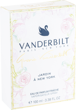 Białe pudełko Gloria Vanderbilt Jardin a New York Eau de Parfum 100ml, z różami i logo, widok z przodu.