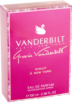 Fuksjowe opakowanie perfum Minuit à New York Gloria Vanderbilt, EDP 100 ml, z napisami i łabędziem.