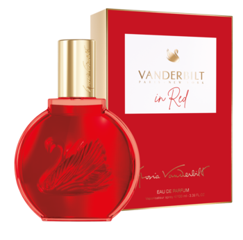 Czerwony flakon Vanderbilt In Red EDP ze złotą nakrętką i wytłoczonym łabędziem obok czerwonego pudełka.