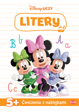 Biała okładka książki Disney Uczy Litery dla 5-latków z Minnie Mouse i przyjaciółmi, ćwiczenia z naklejkami.