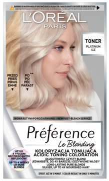 Front opakowania L'Oréal Préférence Le Blonding Toner Platinum Ice, białe, z kobietą i próbkami koloru.