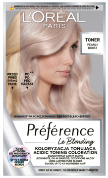 Kwasowy toner L'Oréal Préférence Le Blonding Pearly Boost w opakowaniu, kobieta z perłowym blondem, widok z przodu.
