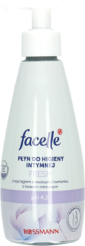 Facelle Fresh płyn do higieny intymnej z awokado, rumianku i kwasem mlekowym, pH 4,2, biała butelka z pompką, widok z przodu.