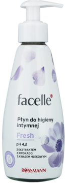 Biała butelka Facelle Fresh płyn do higieny intymnej z pompką, z pH 4,2 i fioletowymi kwiatami.