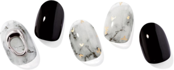 Naklejki hybrydowe Ohora Marble Stone: dwie czarne, trzy marmurowe ze srebrnym i złotym zdobieniem.