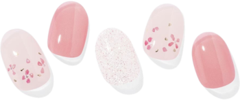 Ohora Rose Diamond, naklejki hybrydowe: pięć wzorów różowego manicure z brokatem, kwiatami i białym french.